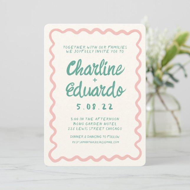 Invitation Mariage d'écriture manuscrite rose et verte rétro (Créateur téléchargé)