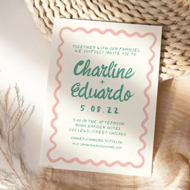 Invitation Mariage d'écriture manuscrite rose et verte rétro (Créateur téléchargé)