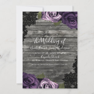 Invitation Mariage Deep Purple Roses Bois Rustique Dentelle N