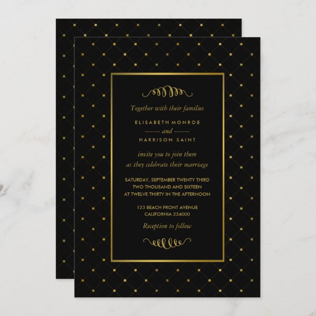 Invitation Mariage d'effet Black & Gold moderne (Devant / Derrière)