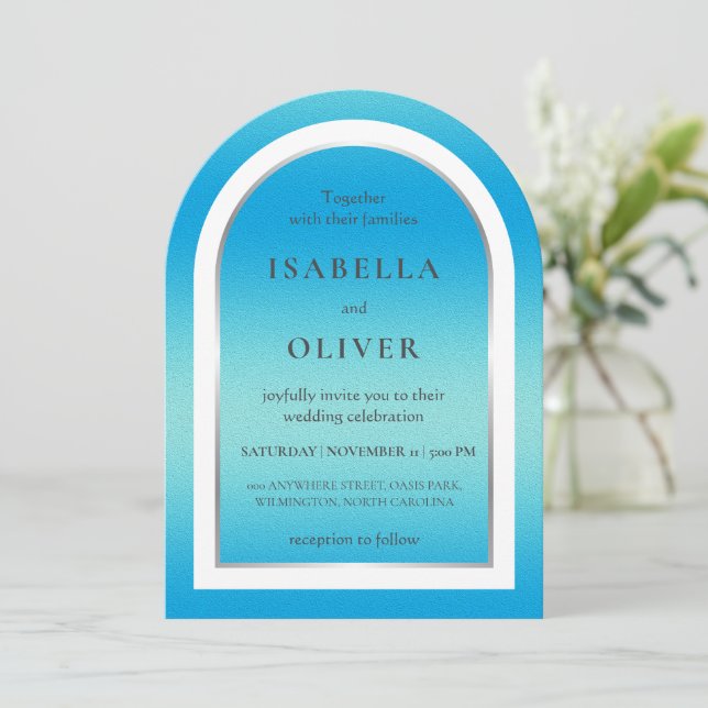 Invitation Mariage dégradé de lumière bleu ciel (Debout devant)