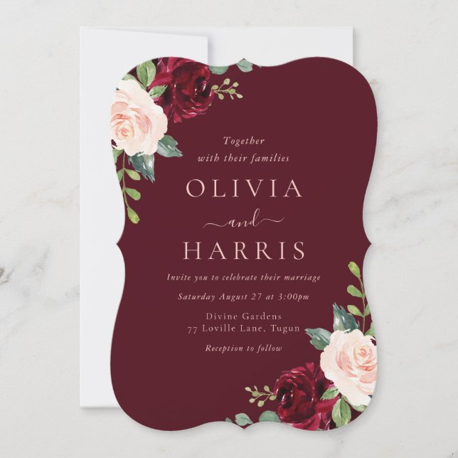 Invitation Mariage d'élégance Bourgogne & Blush (Devant)
