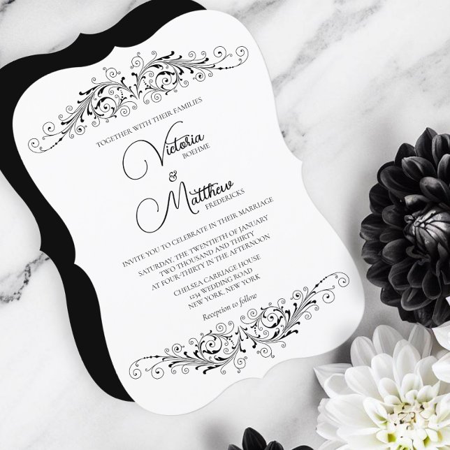 Invitation Mariage d'élégance de la floraison noire et blanch (Black and white elegance for a beautiful wedding with a color scheme that can be done any season.)