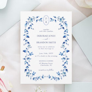 Invitation Mariage Delft bleu et blanc monogramme