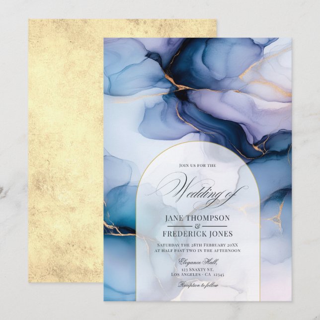 Invitation Mariage d'encre d'alcool bleu et or de la Marine (Devant / Derrière)