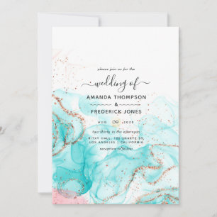 Invitation Mariage d'encre d'alcool turquoise, corail et or