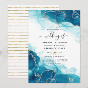 Invitation Mariage d'encre d'alcool turquoise et or