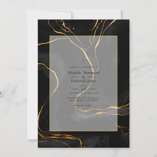 Invitation Mariage d'encre de luxe noir et or (Devant)