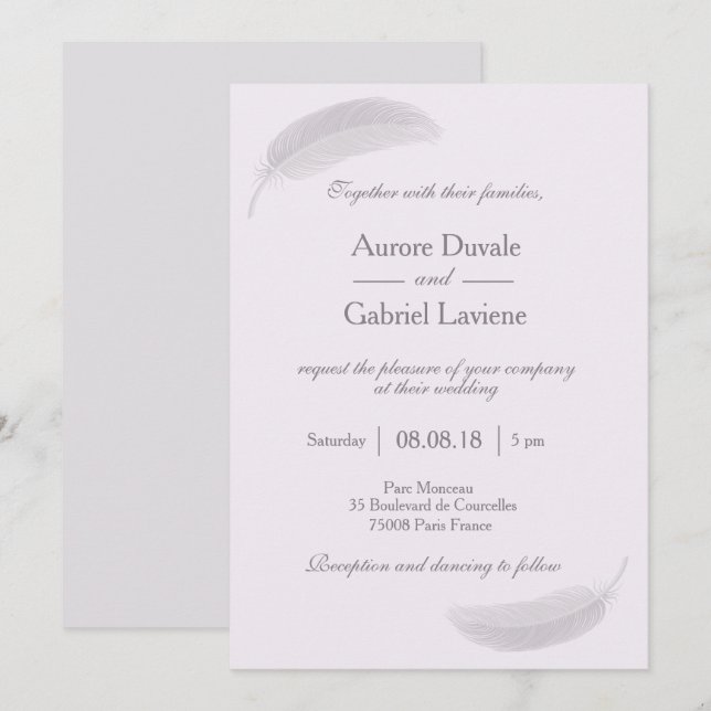 Invitation Mariage d'énergie positive lilas gris plume Angel (Devant / Derrière)