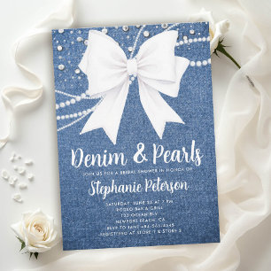 Invitation Mariage Denim et Perles Blanc Ruban Bleu Chic