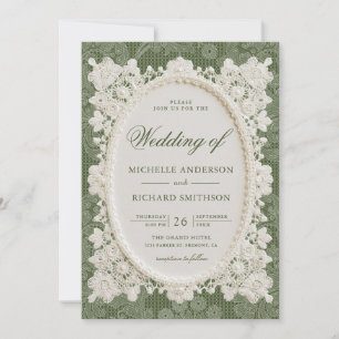 Invitation Mariage dentelle de vieille fortune vert olive ivo