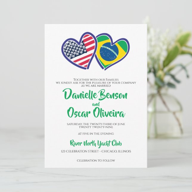 Invitation Mariage des drapeaux cardiaques brésiliens américa (Debout devant)