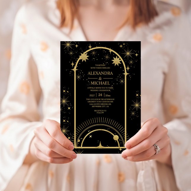 Invitation Mariage des étoiles célestes mystiques d'or noir (Créateur téléchargé)