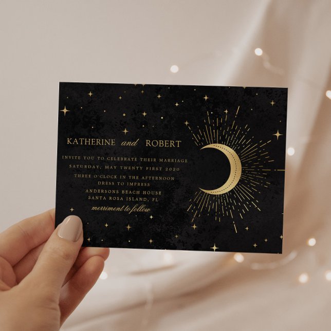 Invitation Mariage des étoiles d'or noir de minuit céleste (Créateur téléchargé)