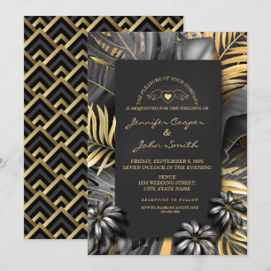Invitation Mariage des Feuilles Tropical Black Silver and Gol