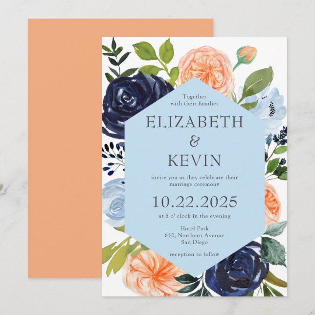 Invitation Mariage des fleurs d'aquarelle bleue et de pêche  (Devant / Derrière)