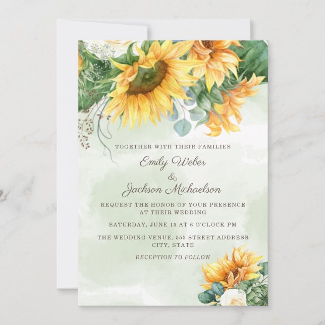 Invitation Mariage des fleurs de soleil Eucalyptus Roses blan (Devant)