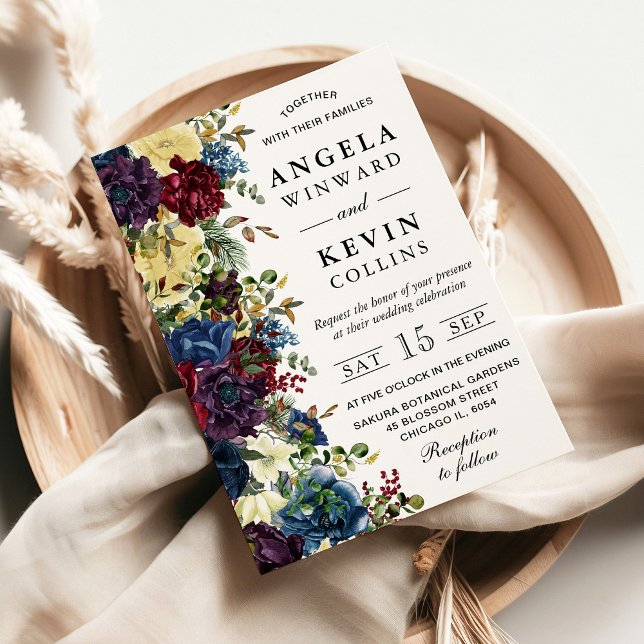 Invitation Mariage des fleurs d'hiver rouge et marine (Créateur téléchargé)