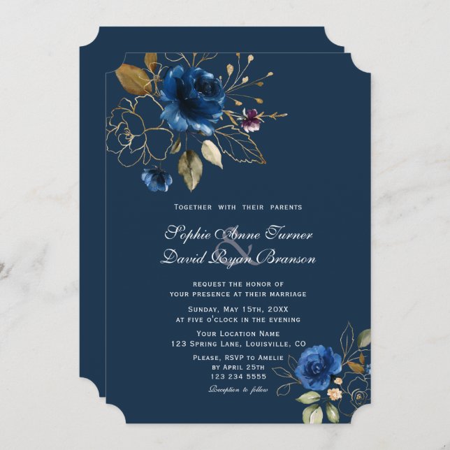 Invitation Mariage des fleurs d'or bleu de la Royal Navy (Devant / Derrière)