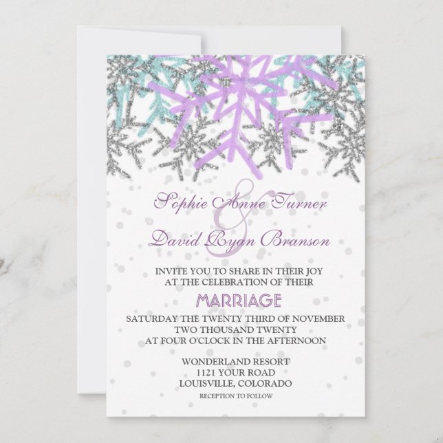 Invitation Mariage des flocons d'hiver en argent violet (Devant)