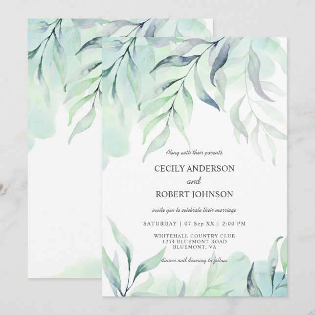 Invitation Mariage des fougères couleur d'eau vert Dusty Blue (Devant / Derrière)