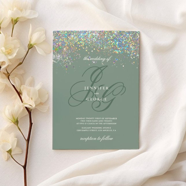 Invitation Mariage des initiales de la parties scintillant de (Holographic gold mint glitter initials wedding)