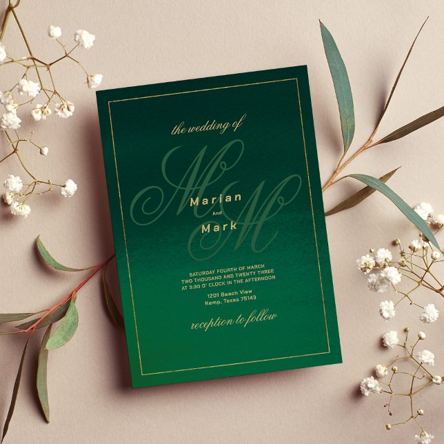 Invitation Mariage des initiales du monogramme d'or vert de f (Forest green gold monogram initials Wedding )