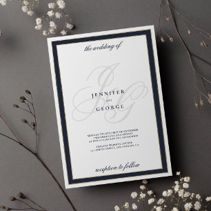Invitation Mariage des initiales en or blanc bleu marine
