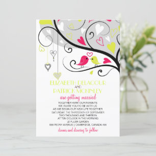 Invitation Mariage des Lovebirds rouges et jaunes néon