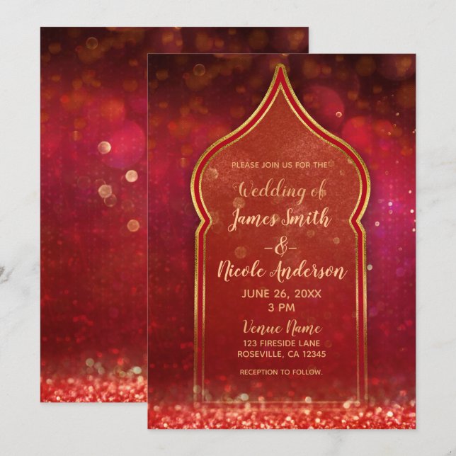 Invitation Mariage des nuits arabes du Maroc rouge & or (Devant / Derrière)