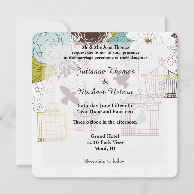 Invitation Mariage des oiseaux et des cages d'oiseaux (Devant)