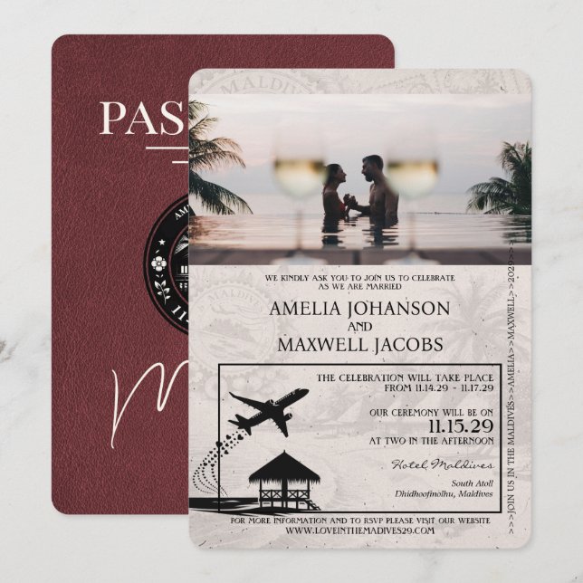 Invitation Mariage des passeports des Maldives de Bourgogne (Devant / Derrière)