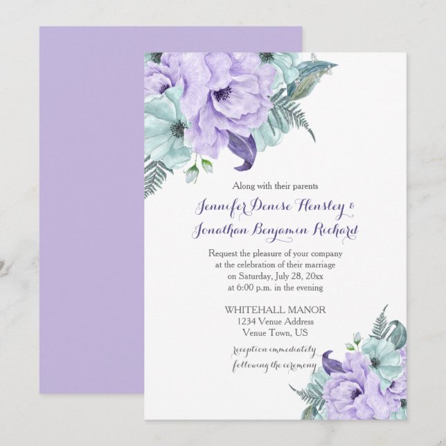 Invitation Mariage des pivoines d'aquarelle de lavande et de  (Devant / Derrière)