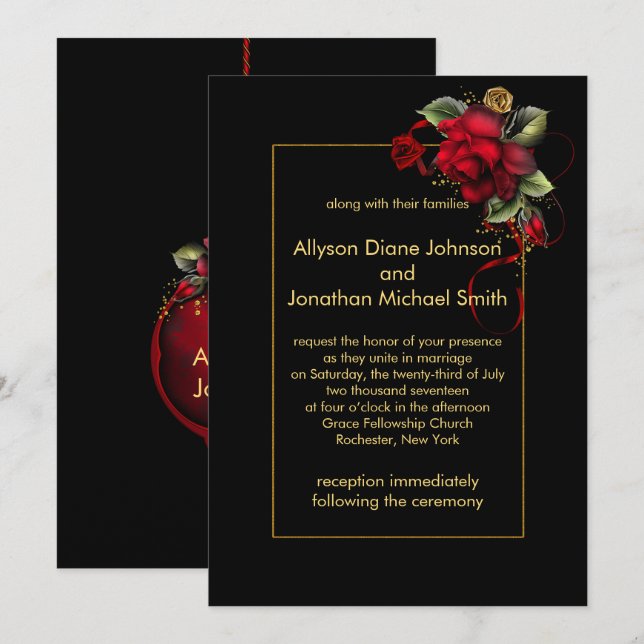 Invitation Mariage des Roses Rouges Profondes et verdoyantes| (Devant / Derrière)