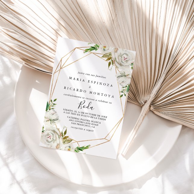Invitation Mariage d'espagnol de pivoine géométrique or (Créateur téléchargé)