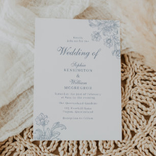 Invitation Mariage Dessin au Trait Floral Bleu Poussiéreux