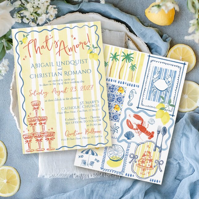 Invitation Mariage Dessiné à la Main Italian Lemon Blue C'est (Colorful unique trendy That's Amore Love hand drawn Italian Amalfi Coast Italy wedding invitation)