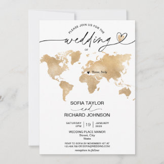 Invitation Mariage Destination Gold World Map Heart Invitatia