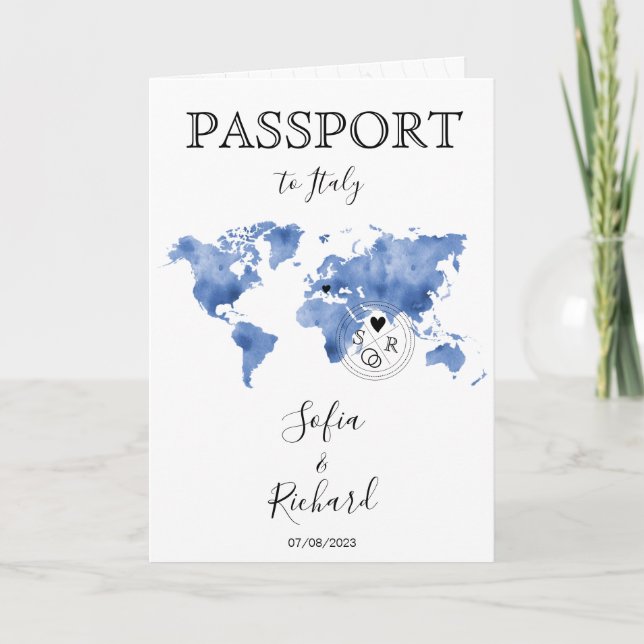 Invitation Mariage Destination Passport Blue World Map (Devant)