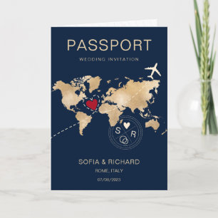 Invitation Mariage Destination Passport Gold Plan du monde