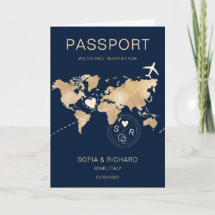 Invitation Mariage Destination Passport Gold Plan du monde 