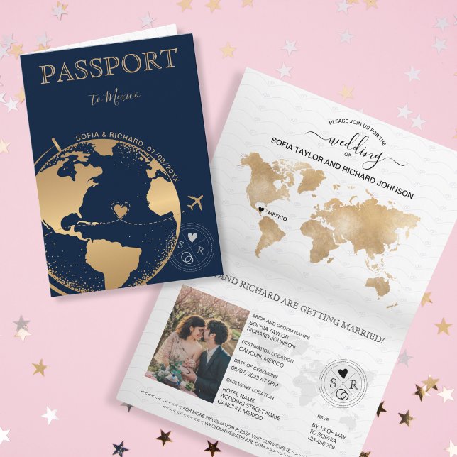 Invitation Mariage Destination Passport Gold Plan du monde (Créateur téléchargé)