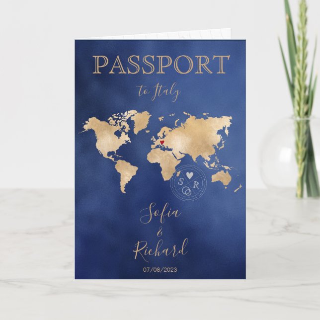 Invitation Mariage Destination Passport Gold World Map Invita (Devant)