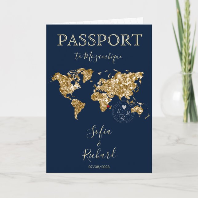 Invitation Mariage Destination Passport Gold World Map Invita (Devant)