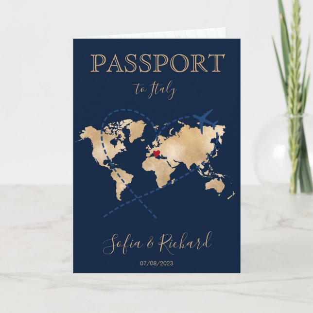 Invitation Mariage Destination Passport Gold World Map Invita (Devant)