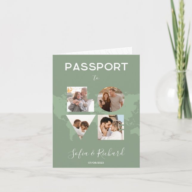 Invitation Mariage Destination Passport Sage World Map LOVE (Devant)