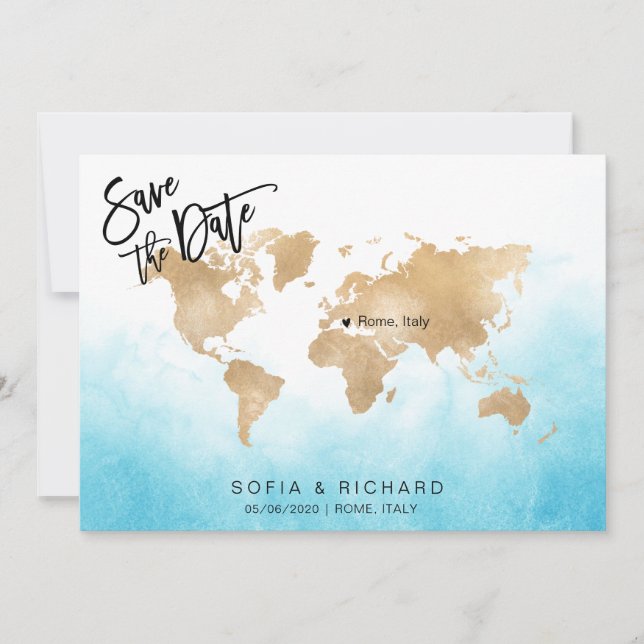 Invitation Mariage Destination World Map Gold Movable Heart (Devant)