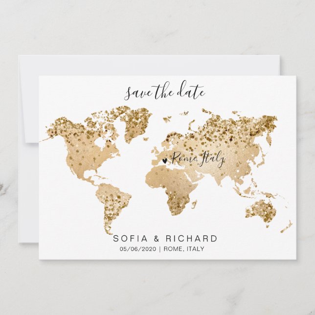 Invitation Mariage Destination World Map Gold Removable Heart (Devant)