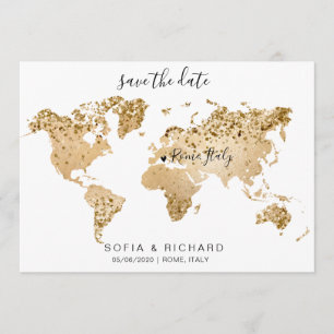 Invitation Mariage Destination World Map Gold Removable Heart