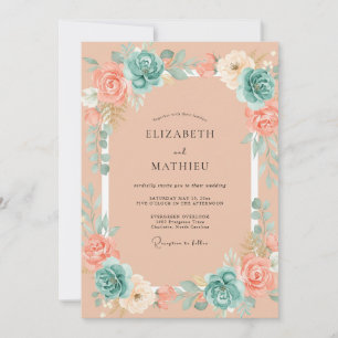 Invitation Mariage d'été aux teintes pêche et sarcelle